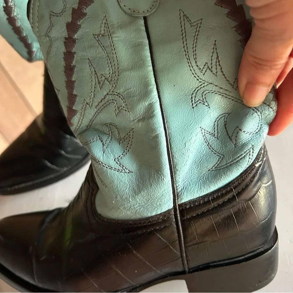 Ferrini Girls black turquoise Cowhide Leather Western Cowgirl Boots Size 13